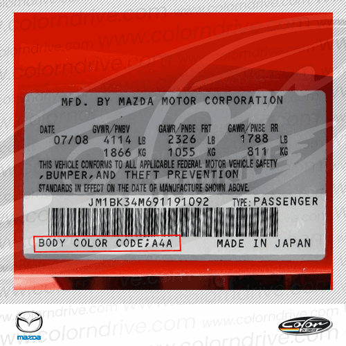 MAZDA paint code label example 1